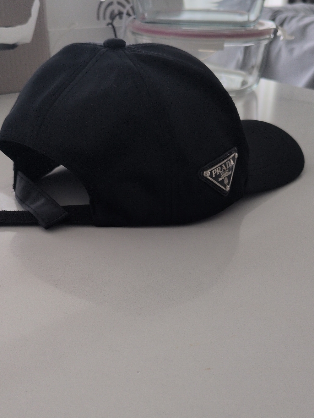 Prada Black Baseball Cap with Metal Triangle Logo